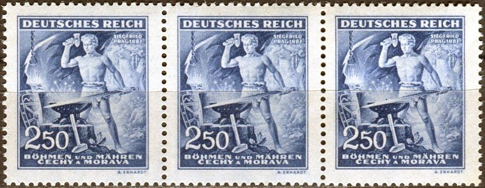 (1943) č. 110 ** B.ü.M. - 3-bl - 130. výročí narození Richarda Wágnera - DV 90/2 - tmavý bod na kovadlině
