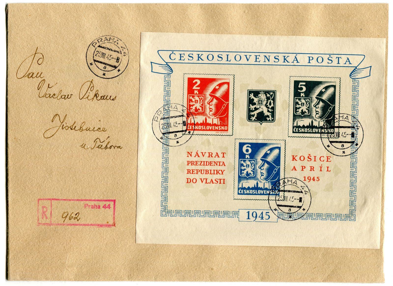 (1945) ČSR - R-dopis vyfr. A 360/2 první den platnosti! + pod. lístek