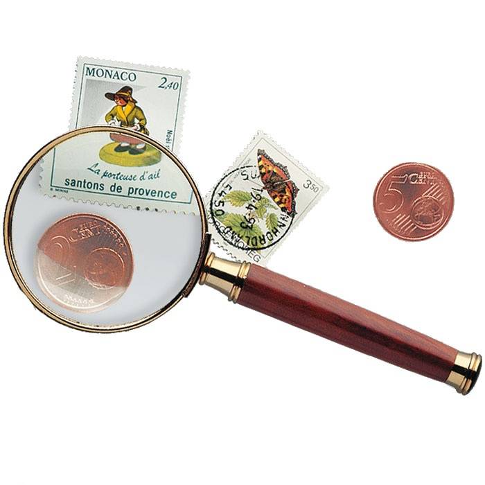 Handle Magnifier with glass lens, gold-plated metal rim, 3x magnification