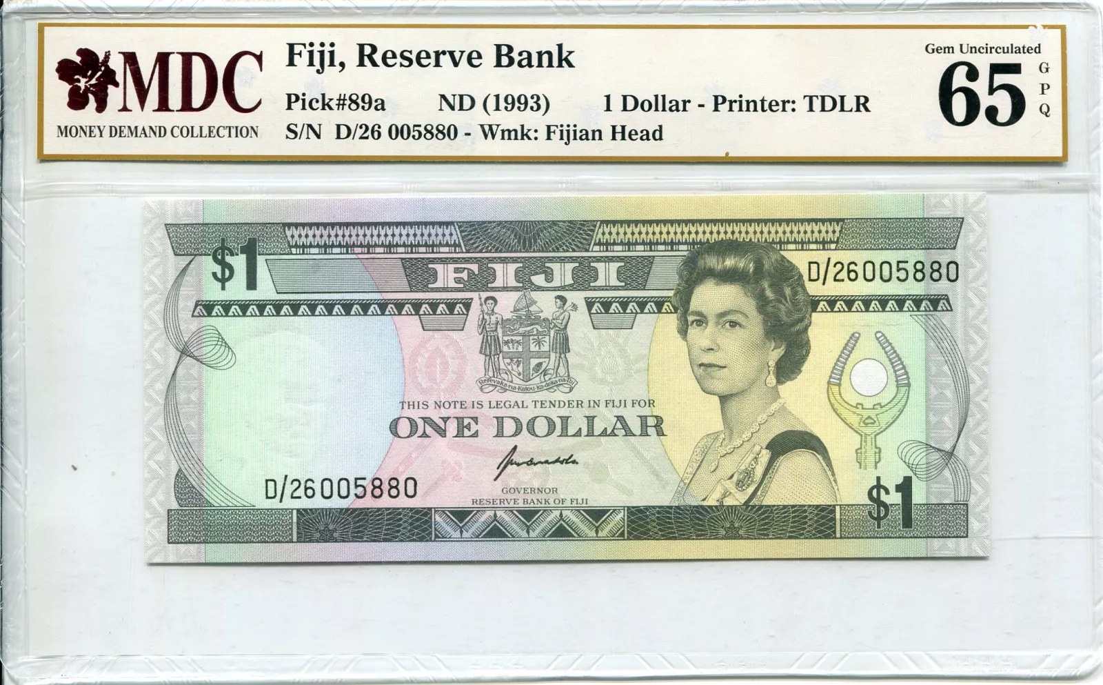 Fiji (P 89a) 1 Dollar (1993) - UNC (certf. MDC 65 GPQ)