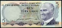 Turkey (P 179a.2) 5 Lir (1968) - UNC