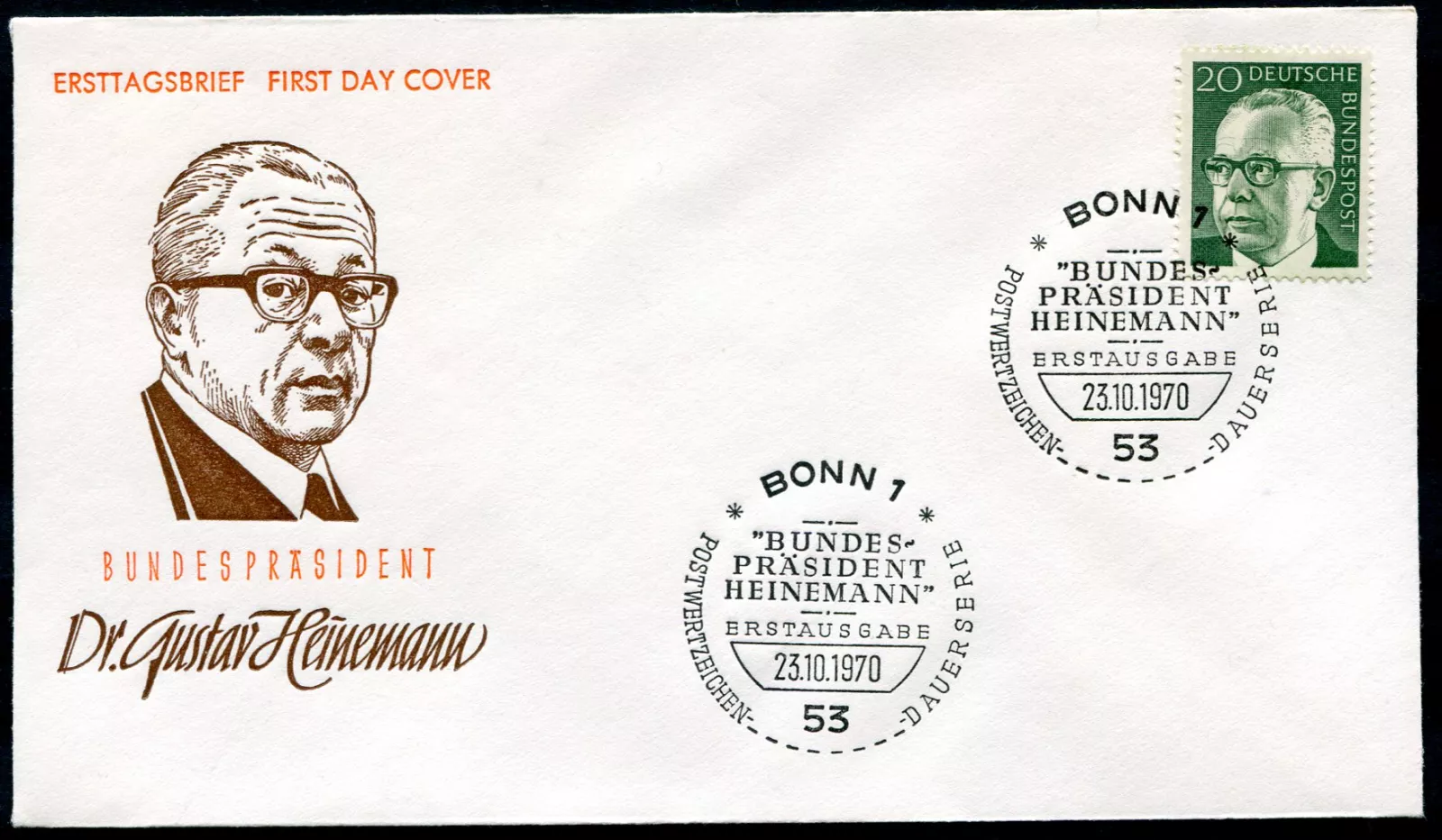 FDC MiNr. 637 (23.10.1970) - SRN - Dr. H.C. Gustav Heinemann (1899-1976)