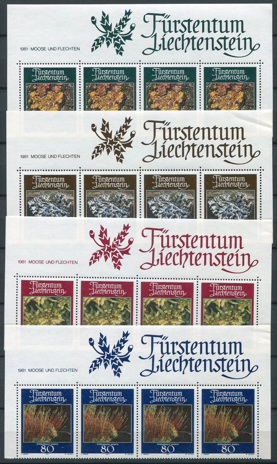 (1981) MiNr. 776 - 779 ** (4-er) - Liechtenstein - Mosses and lichens (1981) MiNr. 776 - 779 ** (4-pá) - Lichtenštejnsko - Mechy a lišejníky