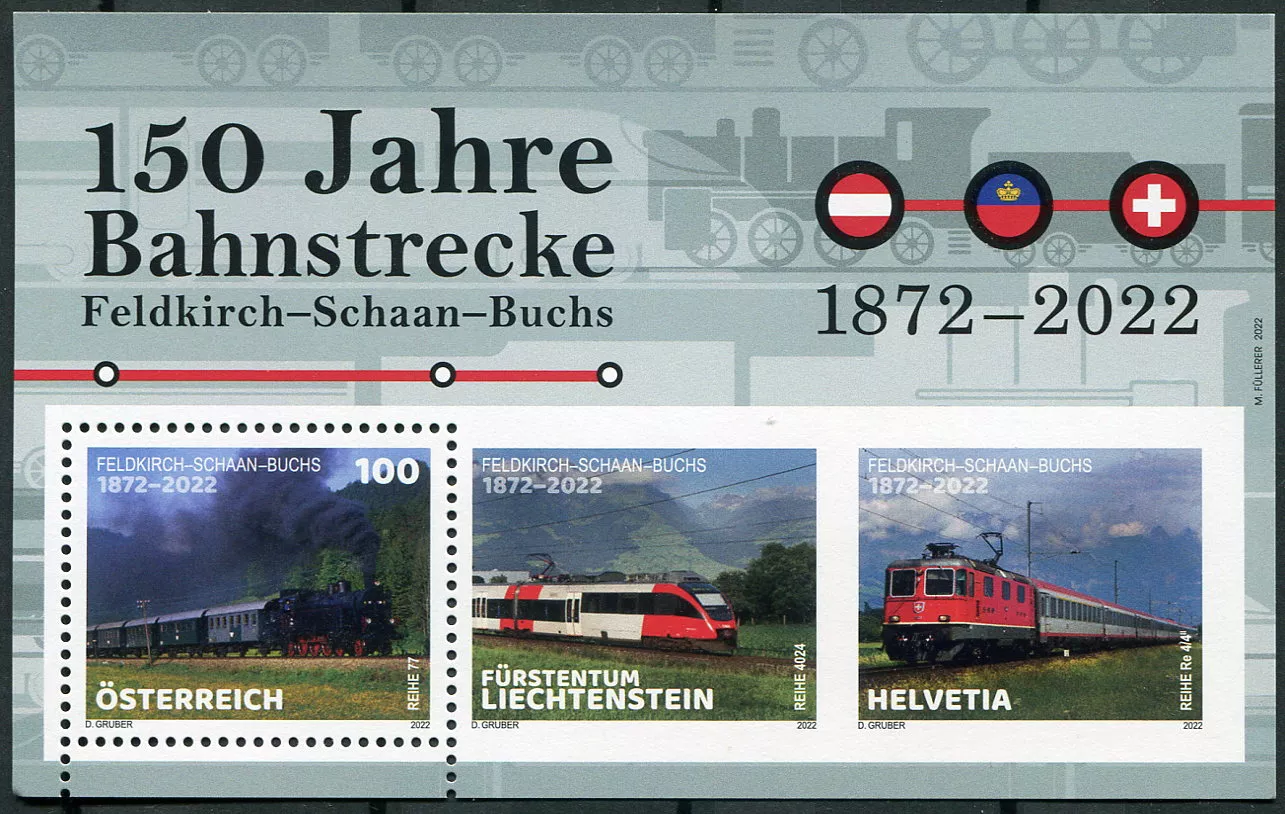 (2022) MiNr. 3672 ** (Bl. 137) - Austria - 150 years of the railway line Feldkirch-Schaan-Buchs (2022) MiNr. 3672 ** (Bl. 137) - Rakousko - Feldkirch-Schaan-Buchs