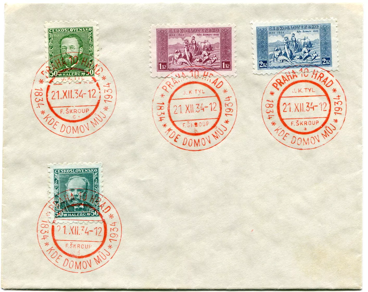 Czechoslovakia - cover - incl. stamp "Where is my home"; PRAGUE 10 Castle; J. K. Tyl, F. Škroup a,b,c,d